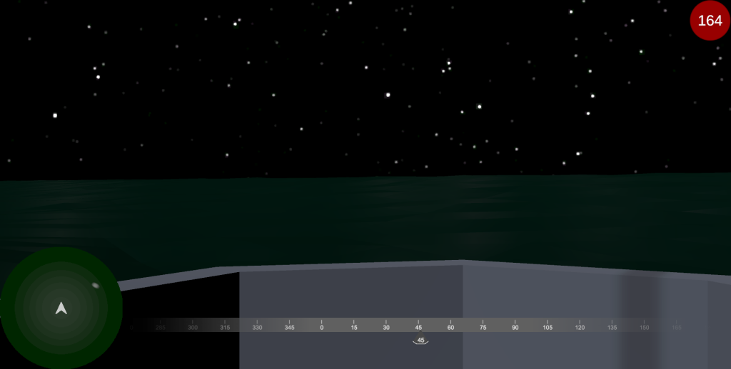 The view from the deck of an Allied Corvette at night, nothing visible on the surface but an Asdic response on the starboard bow.